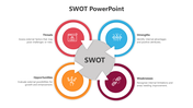 SWOT analysis diagram with four color-coded circles labeled  surrounding a central grey circle placed in a white background.