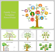 PowerPoint family tree slides with colorful illustrations of family members on a tree diagram layout.