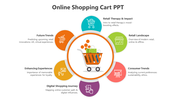 A shopping cart icon in a circle, surrounded by six colorful icons representing different aspects of online shopping.