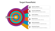 Multicolored target graphic with a dart at the center, paired with six labeled sections on the right.