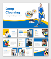 Cleaning presentation slides featuring images of cleaning tools, professionals, and tips in a blue and yellow theme.