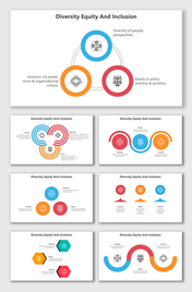 Multiple slide layouts showcasing diversity, equity, and inclusion concepts with interconnected circular icons and labels.