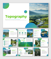 Slide deck on topography with images of landscapes, maps, and sections on landforms, hydrology, and ecosystems.