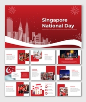 Slide deck featuring Singapore national day celebrations with fireworks, parades, and cultural performances, in red design.