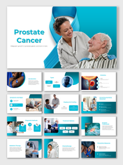 Prostate cancer slide deck with a blue theme, covering symptoms, diagnosis, treatment options, and preventive measures.