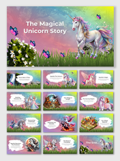 Fantasy themed slide deck with a pastel sky, sparkling unicorn, butterflies, lush grass, and a magical fairytale layout.