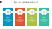 Colorful corporate strategy slide with four captions for marketing goals, represented by icons and placeholder text.