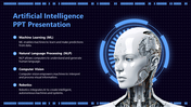 Artificial Intelligence slide with a humanoid robot and four key topics with text descriptions on a dark background.