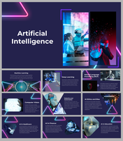 A pack of Artificial intelligence slides covering AI related topics with images and descriptions on a purple backdrop.