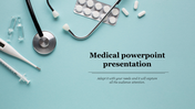 A medical slide with a stethoscope, pills, and other medical supplies on a light blue background with a title.