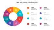 Circular marketing plan slide with colorful segments, each representing different marketing activities and captions.