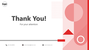 Modern thank you slide featuring clean lines, red abstract shapes, and space for your logo and contact details.