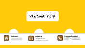 Bright yellow thank you slide with icons for address, email, and contact details at the bottom, set in a white panel.