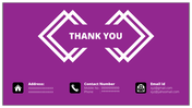 Purple thank you slide with white geometric lines and icons for representing address, contact number, and email information.