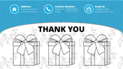 Slide showing a thank you message, three outlined gift boxes, and contact information in a blue banner at the top.