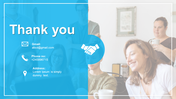 Thank you slide with a blue overlay, contact details, and a handshake icon, and a blurred image of people in the background.