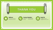 Thank you slide with a green theme, icons for address, contact number, and email, with safety pins illustrated on the sides.