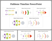 Set of five fishbone timeline designs with arrows and text placeholders for various stages of a process.