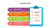 Colorful checklist infographic slide with four steps from defining objectives to evaluating and closeout with icons.