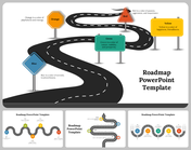 Roadmap slide with a winding road and color-coded signs representing blue, orange, red, green, and yellow.