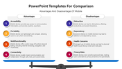 Comparison slide with a balance scale graphic showing colorful numbered lists on both sides against a white background.