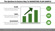 Marketing plan slide showing green bar chart with upward arrow, alongside three text and icons.