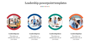 Leadership slide featuring four circular images with colored arcs in red, blue, green, and orange with text below.