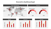 Executive dashboard with a world map showing sales distribution and expense meters.