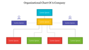 Organizational chart showing a hierarchy with a blue top box, leading to yellow, purple, red, and green boxes below.