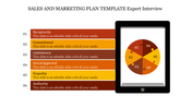 Slide with a tablet showing a pie chart in red and orange hues, and a color coded list of marketing concepts on the left.