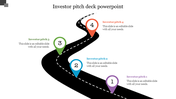 Investor pitch deck slide showing a roadmap with four stages marked by colored location pins and text captions.