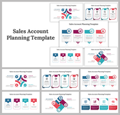 Slide deck featuring geometric shapes, icons, and diagrams in vibrant colors, designed for sales account planning.