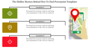 Guide to finding PowerPoint template, showing three locations with map icons and a hand holding a phone.