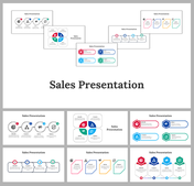 Sales template showcasing six layouts, including flowcharts, timelines, and diagrams with red, blue, and green icons.