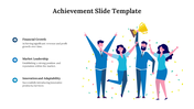 Achievement slide with illustrations of a team celebrating with a trophy and three sections with a text description.