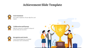 A slide showing an achievement theme with a large trophy and three icons representing goals, collaboration, and recognition.