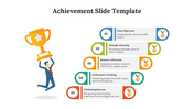 Achievement slide featuring a person lifting a trophy and five steps outlining key success factors with colorful icons.