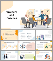 Slide deck showing an illustration of trainers with learners, covering coaching techniques, case studies, and skills.