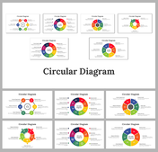 Collection of slides featuring various colorful circular diagrams, each with multiple segments and captions.