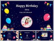 Colorful birthday template with balloons, gift boxes, and cakes surrounding a central photo spot.