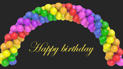 Happy birthday slide with a colorful balloon arch forming a rainbow on a black background.