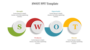 SWOT analysis graphic slide with circular design elements in green, red, blue, and yellow for each category with text.