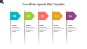 Agenda slide with five colorful arrows in blue, green, red, yellow, and purple numbered 01 to 05 and placeholder text.