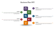 Stacked business plan blocks with icons and numbered captions on both sides, from 1 to 5, in colorful boxes.