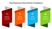 Four numbered tabs in red, orange, blue, and green, each with an icon and text, representing business concepts.