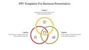 Business slide with three overlapping circles in red, yellow, and green, each containing icons and captions.