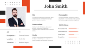 Professional portfolio slide featuring John Smith's photo, biography, personality, frustrations, goals, and motivations.