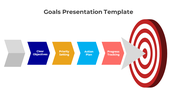 A row of four colorful arrows leading to a red target, each representing different steps of goals presentation.