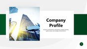 Company profile presentation with sections on mission, sustainability, leadership, global reach, and financial performance.