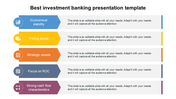 Investment banking slide with arrow shaped sections highlighting key factors with color coded icons and placeholder text.